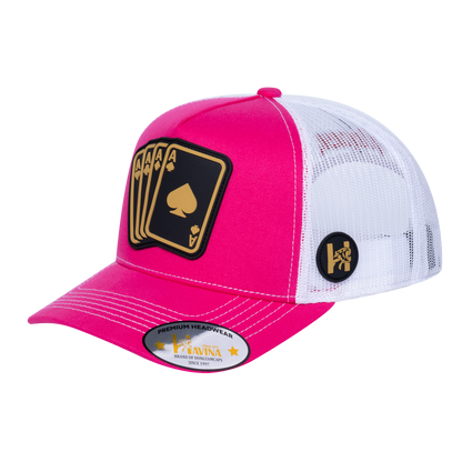 Winner Poker 10JQKA 5-Panel Trucker Hat - Pink front, White back, WINNER1 - T5-P2304CT-W-WINNER1