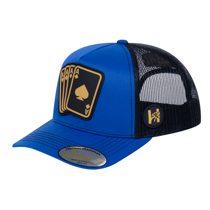 Winner Poker 10JQKA 5-Panel Trucker Hat - Royal Blue front, Black back, WINNER1 - T5-RBTC-B-WINNER1