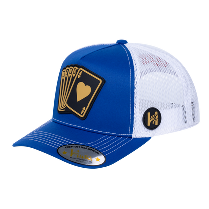 Poker 10JQKA 5-Panel Trucker Hat - Royal Blue front, White back, POKER1 - T5-RBTC-W-POKER1