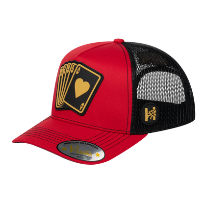 Poker 10JQKA 5-Panel Trucker Hat - Red front, Black back, POKER1 - T5-RTC-B-POKER1