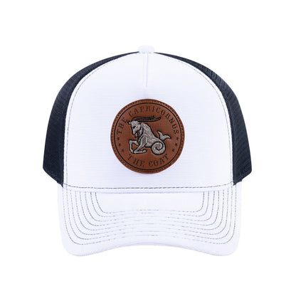 Capricorn Zodiac V2 5-Panel Trucker Hat with White front and Black back