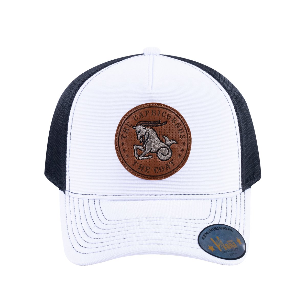 Capricorn Zodiac V2 5-Panel Trucker Hat with White front and Black back