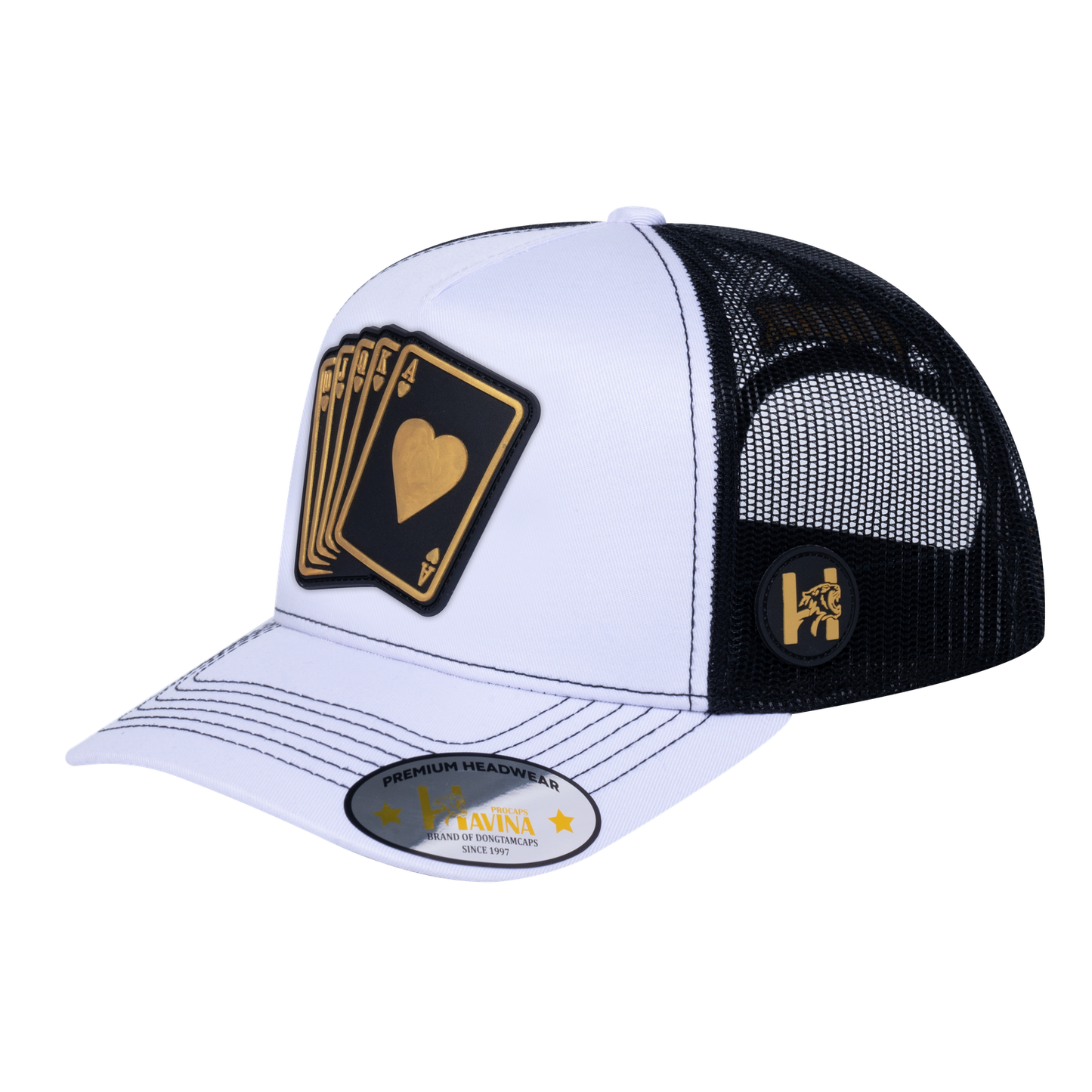 Poker 10JQKA 5-Panel Trucker Hat - White front, Black back, POKER1 - T5-WTC-B-POKER1