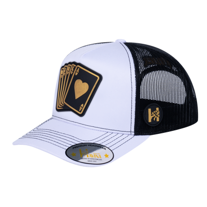 Poker 10JQKA 5-Panel Trucker Hat - White front, Black back, POKER1 - T5-WTC-B-POKER1