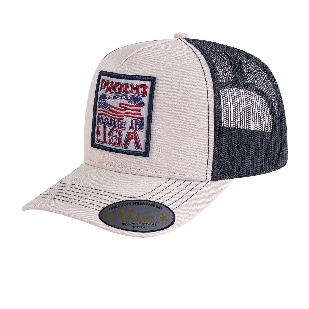 Proud to Say Made in US 5-Panel Trucker Hat with Beige front and Black back