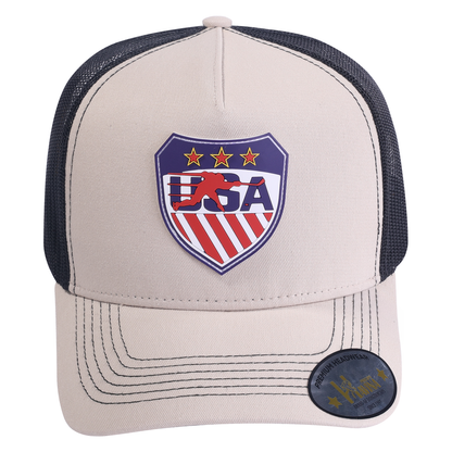 Loving Hockey 5-Panel Trucker Hat with Beige front and Black back