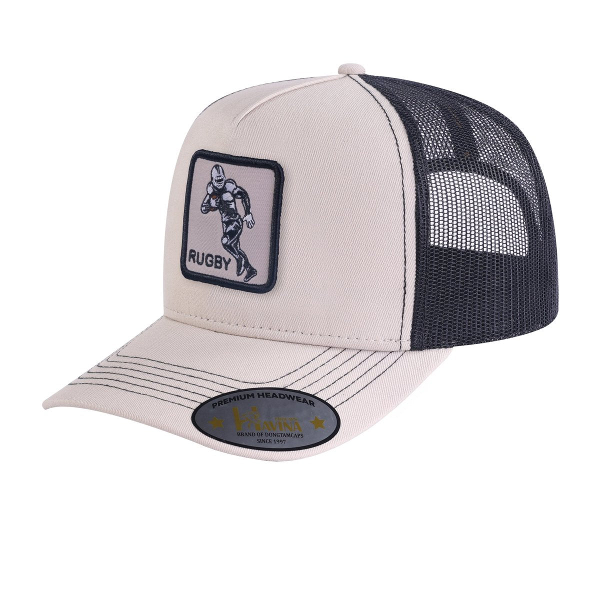 Rugby/Football 5-Panel Trucker Hat with Beige front and Black back