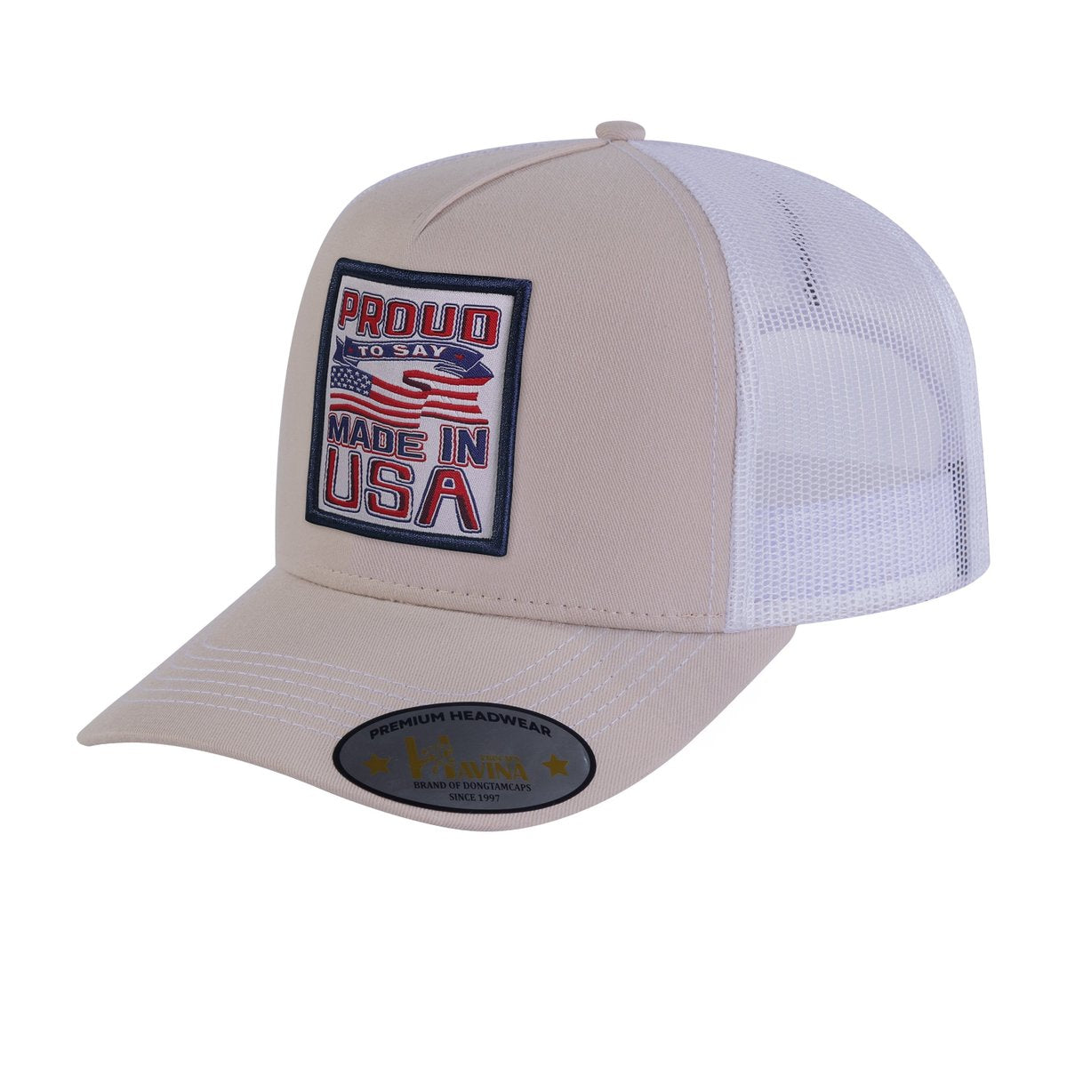 Proud to Say Made in US 5-Panel Trucker Hat with Beige front and White back