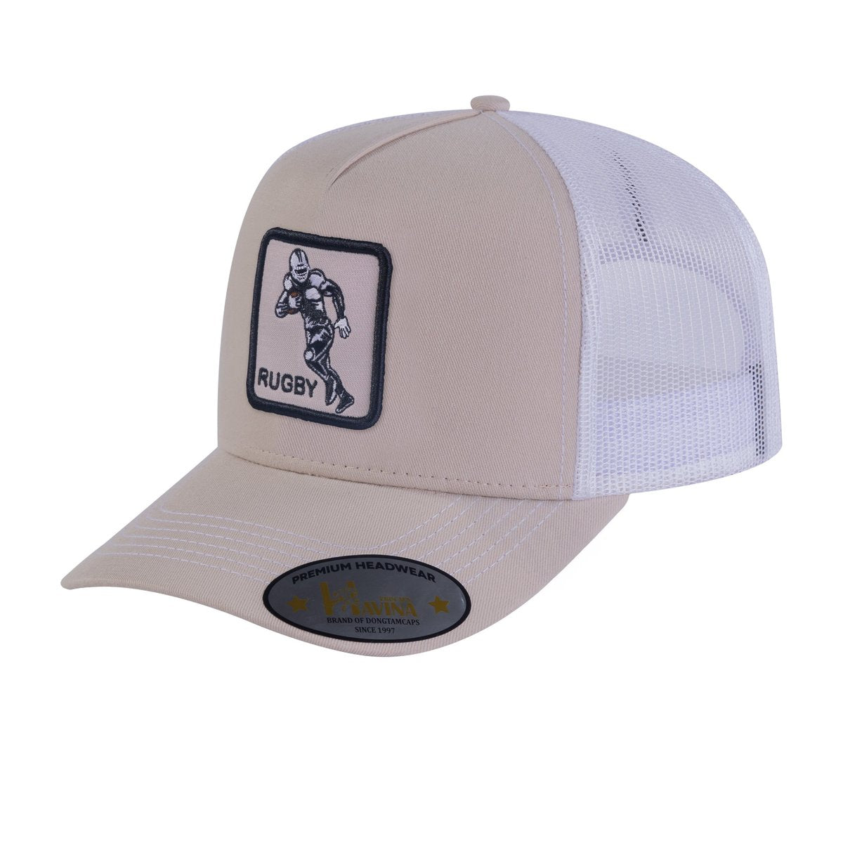 Rugby/Football 5-Panel Trucker Hat with Beige front and White back