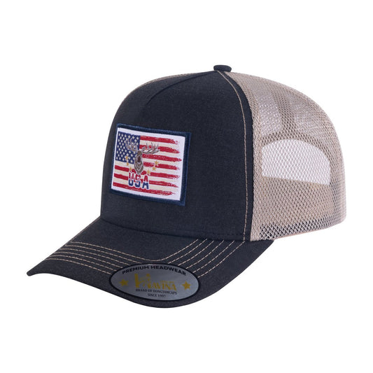 US Deer Hunter 5-Panel Trucker Hat with Black front and Khaki back