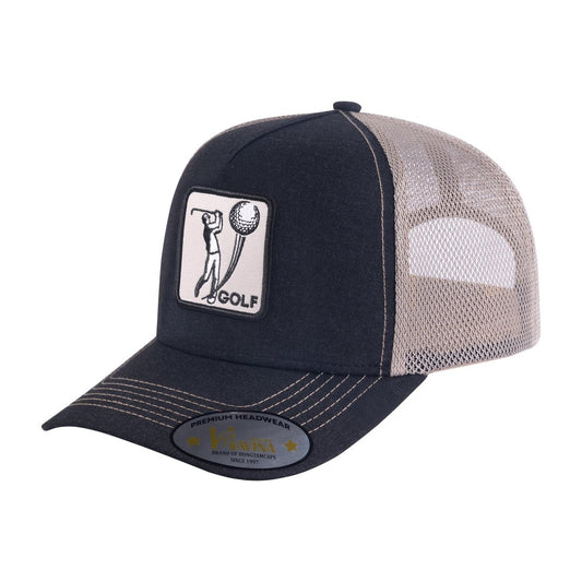 Golf 5-Panel Trucker Hat with Black front and Khaki back