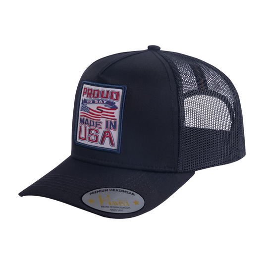 Proud to Say Made in US 5-Panel Trucker Hat with Black front and Black back