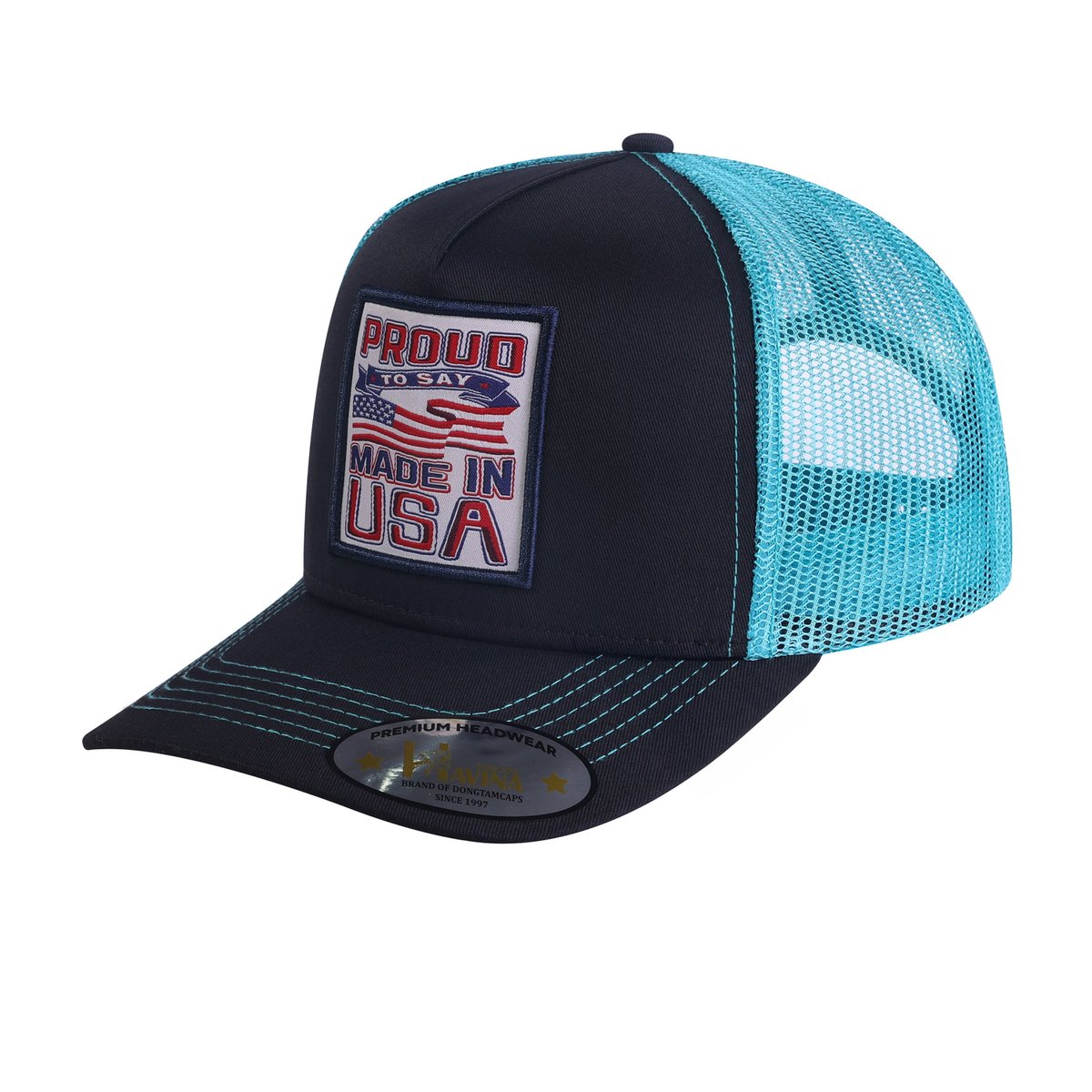 Proud to Say Made in US 5-Panel Trucker Hat with Black front and Blue back