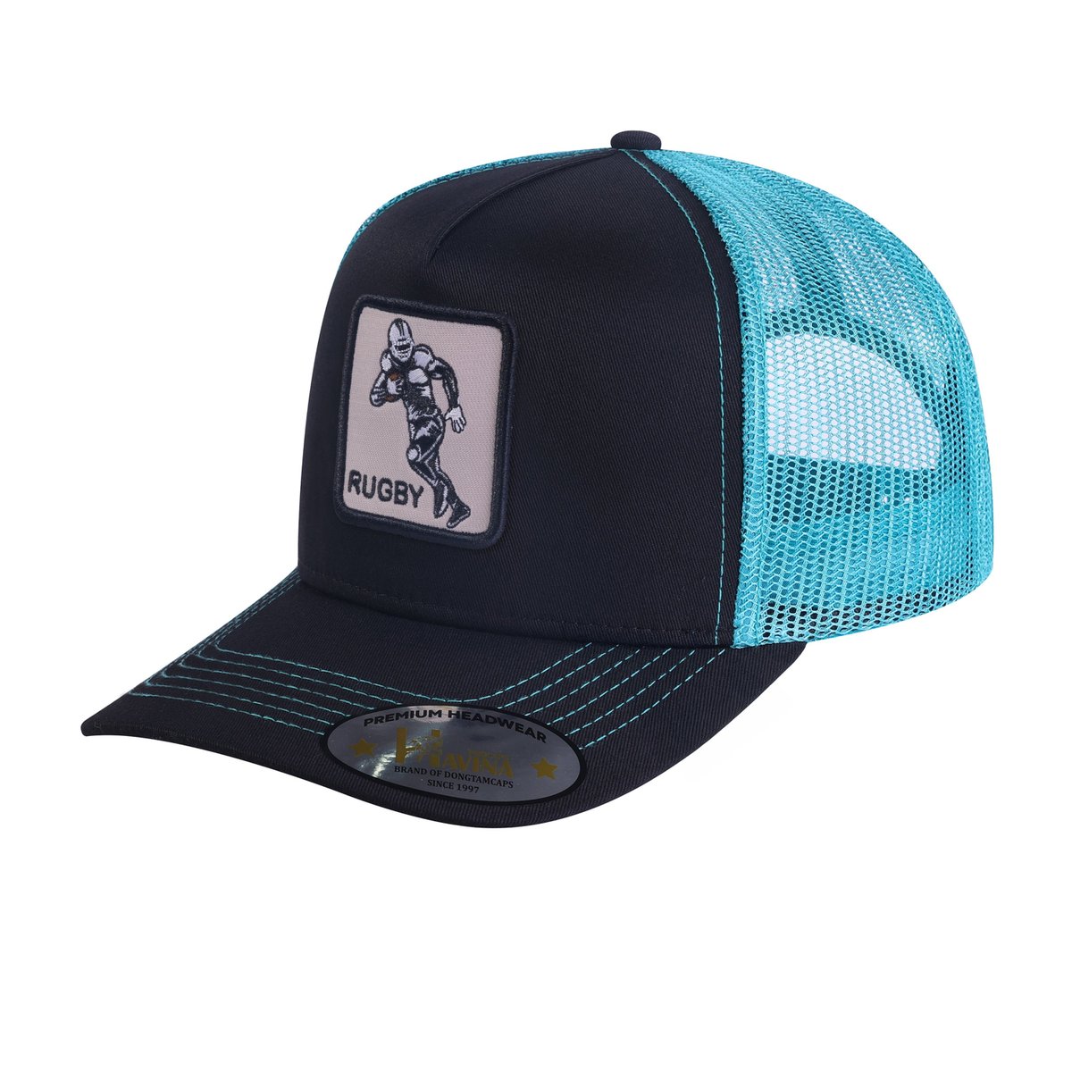 Rugby/Football 5-Panel Trucker Hat with Black front and Blue back