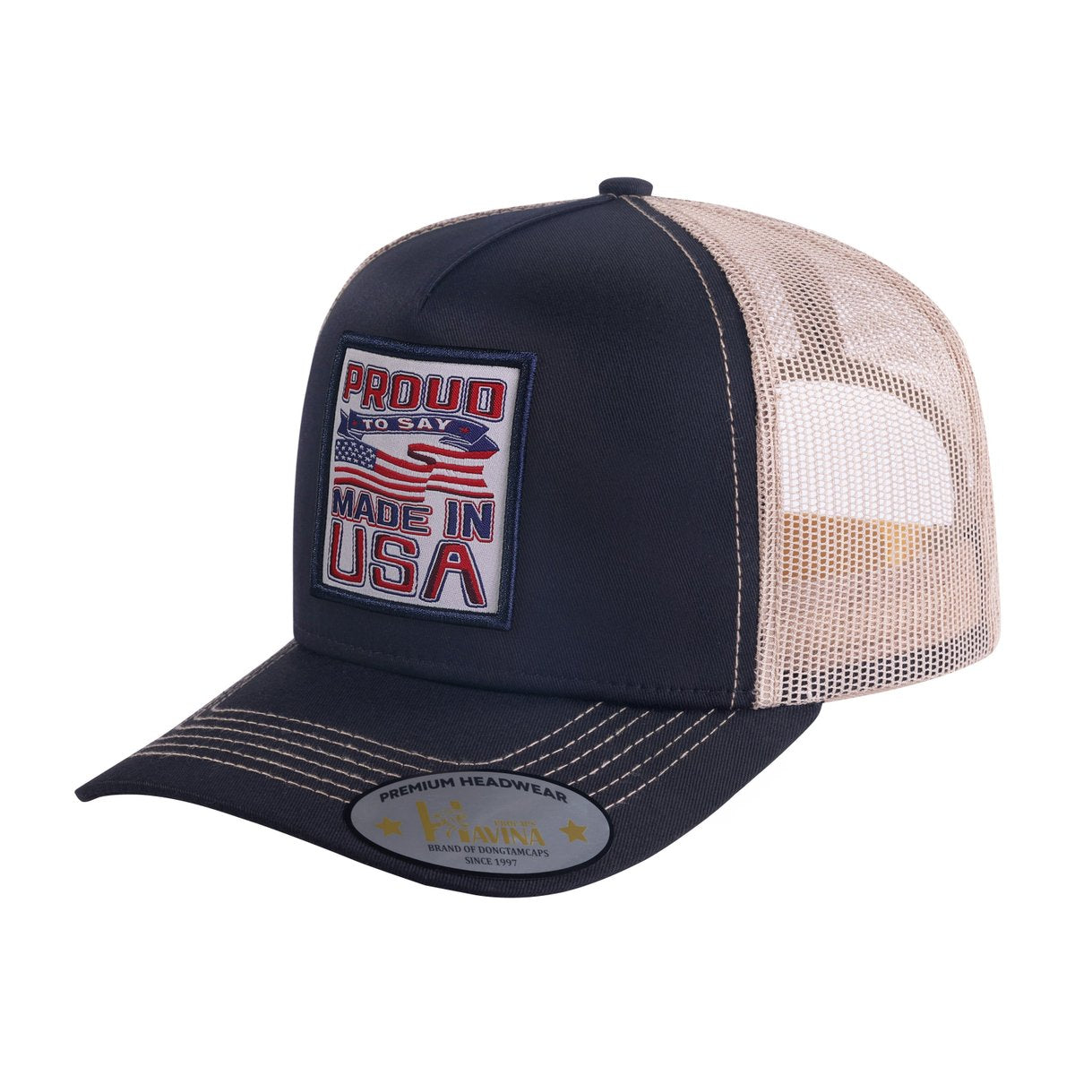 Proud to Say Made in US 5-Panel Trucker Hat with Black front and Light Grey back