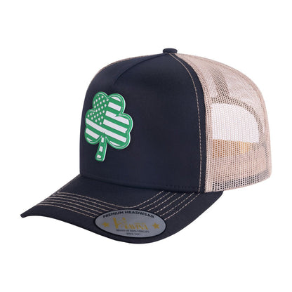St. Patrick's Day Four Leaf Shamrock 5-Panel Trucker Hat with Black front and Light Grey back