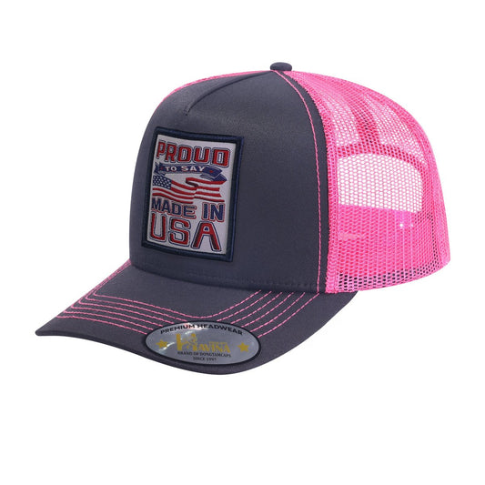 Proud to Say Made in US 5-Panel Trucker Hat with Black front and Pink back