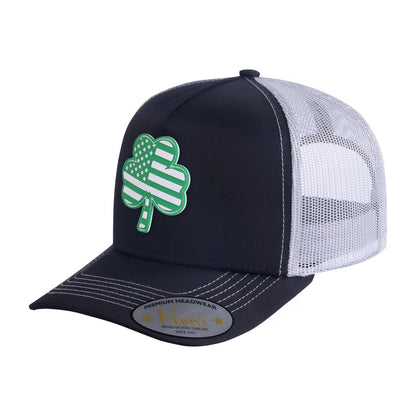 St. Patrick's Day Four Leaf Shamrock 5-Panel Trucker Hat with Black front and White back