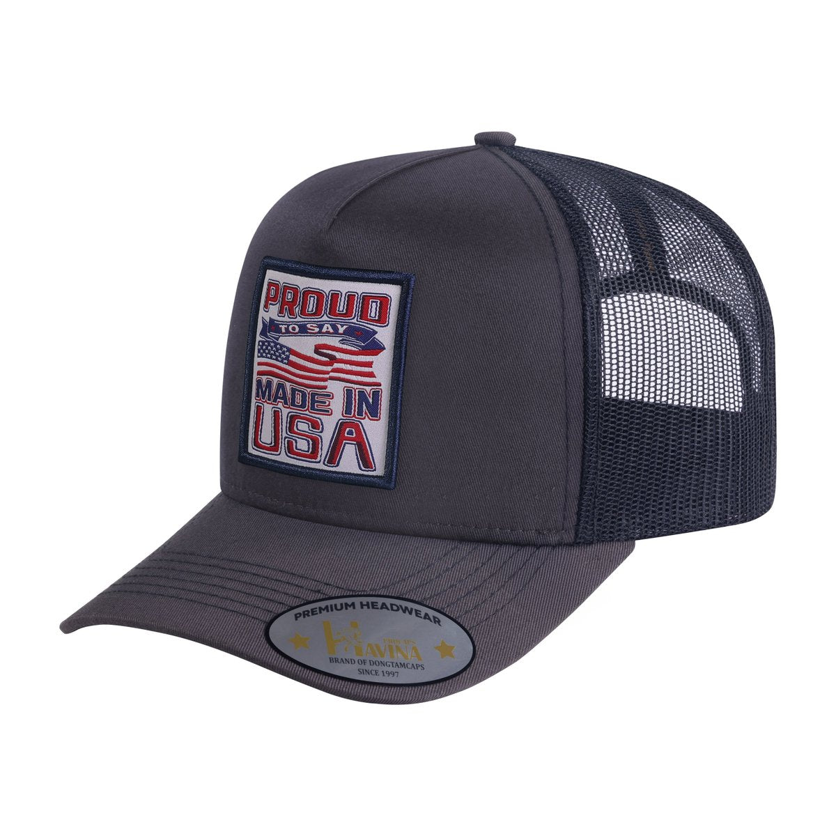 Proud to Say Made in US 5-Panel Trucker Hat with Dark Grey front and Black back