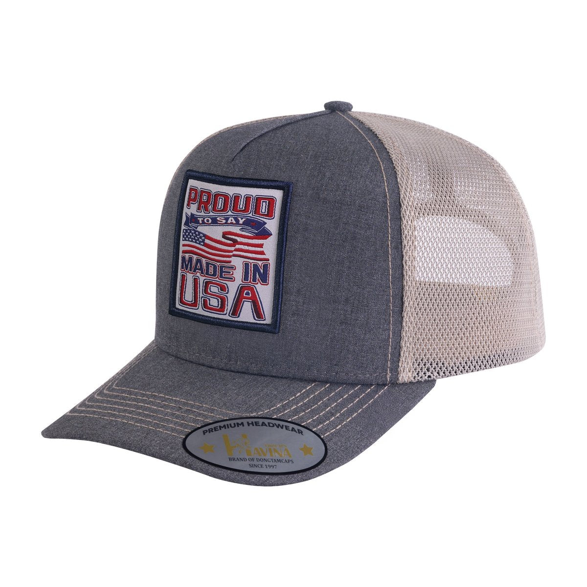 Proud to Say Made in US 5-Panel Trucker Hat with Dark Grey front and Khaki back