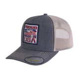 Proud to Say Made in US 5-Panel Trucker Hat with Dark Grey front and Khaki back