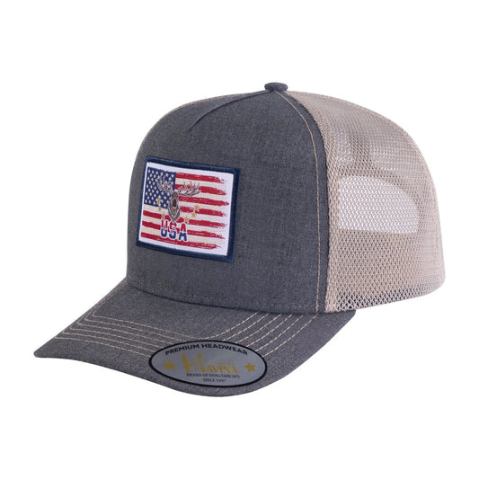 USA Deer Hunter 5-Panel Trucker Hat with Dark Grey front and Khaki back