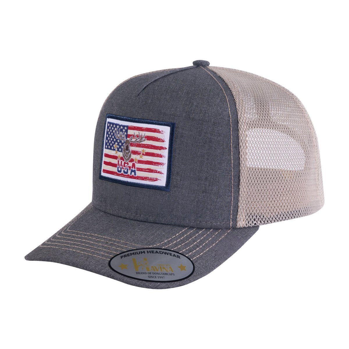 US Deer Hunter 5-Panel Trucker Hat with Dark Grey front and Khaki back