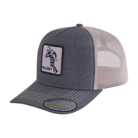 Rugby 5-Panel Trucker Hat with Dark Grey front and Khaki back