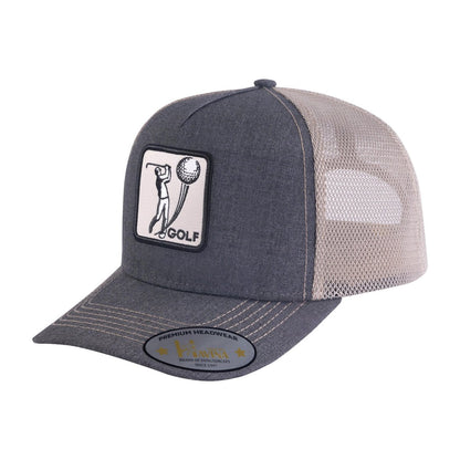 Golf 5-Panel Trucker Hat with Dark Grey front and Khaki back