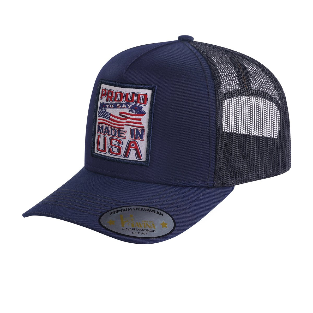 Proud to Say Made in US 5-Panel Trucker Hat with Navy front and Black back