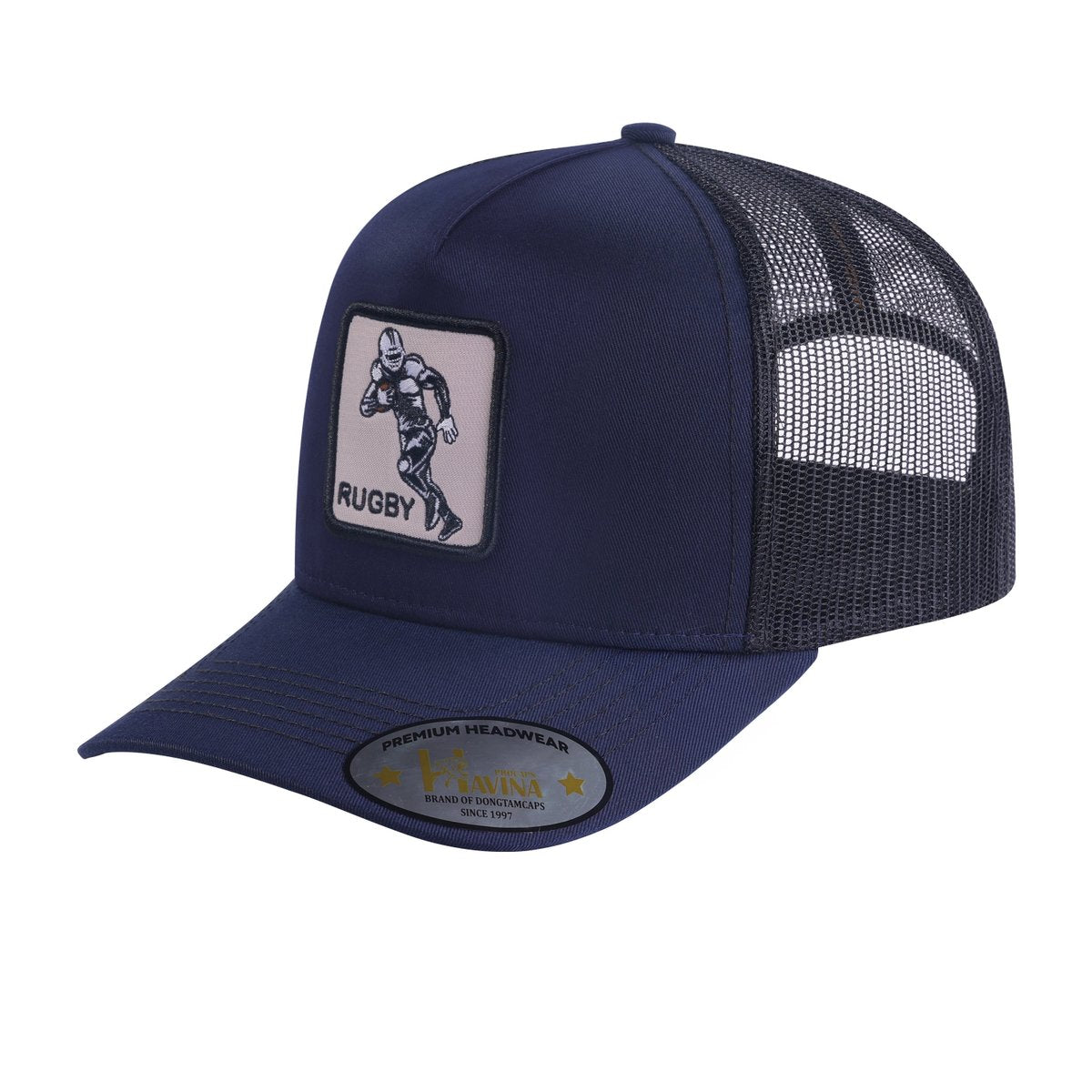 Rugby/Football 5-Panel Trucker Hat with Navy front and Black back
