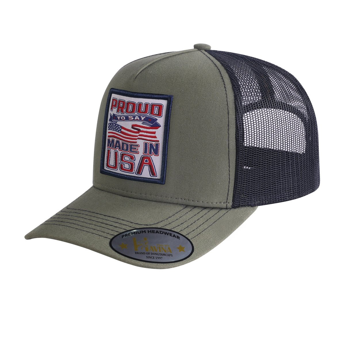 Proud to Say Made in US 5-Panel Trucker Hat with Olive front and Black back