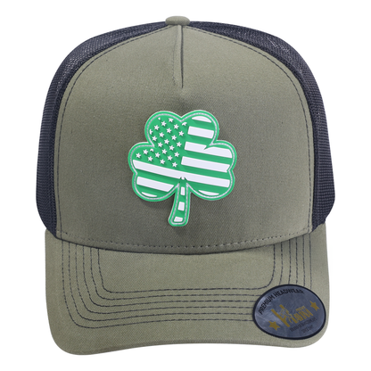 St. Patrick's Day Four Leaf Shamrock 5-Panel Trucker Hat with Olive front and Black back