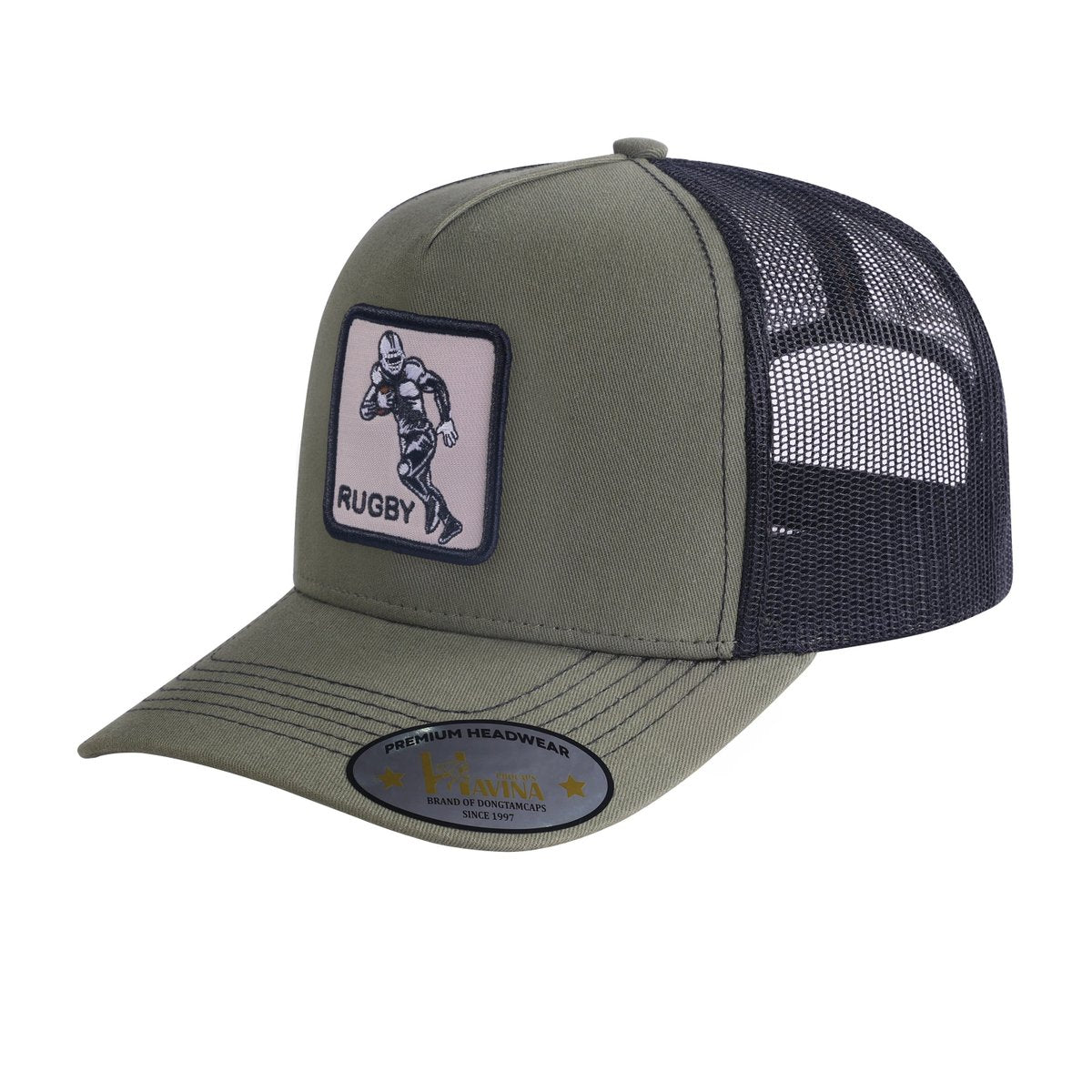 Rugby/Football 5-Panel Trucker Hat with Olive front and Black back