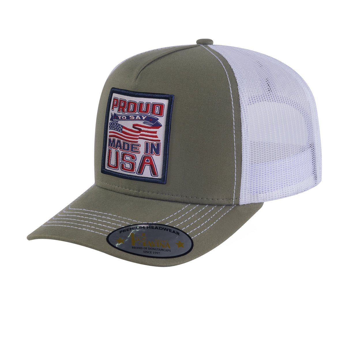 Proud to Say Made in US 5-Panel Trucker Hat with Olive front and White back