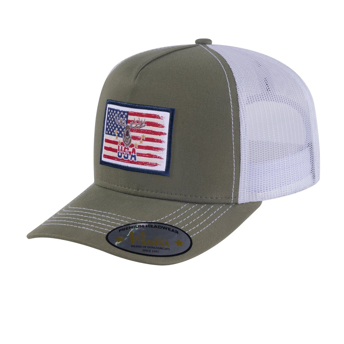 US Deer Hunter 5-Panel Trucker Hat with Olive front and White back