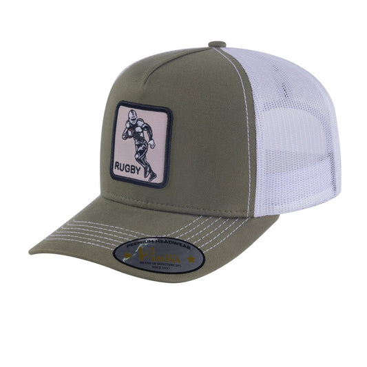 Rugby/Football 5-Panel Trucker Hat with Olive front and White back