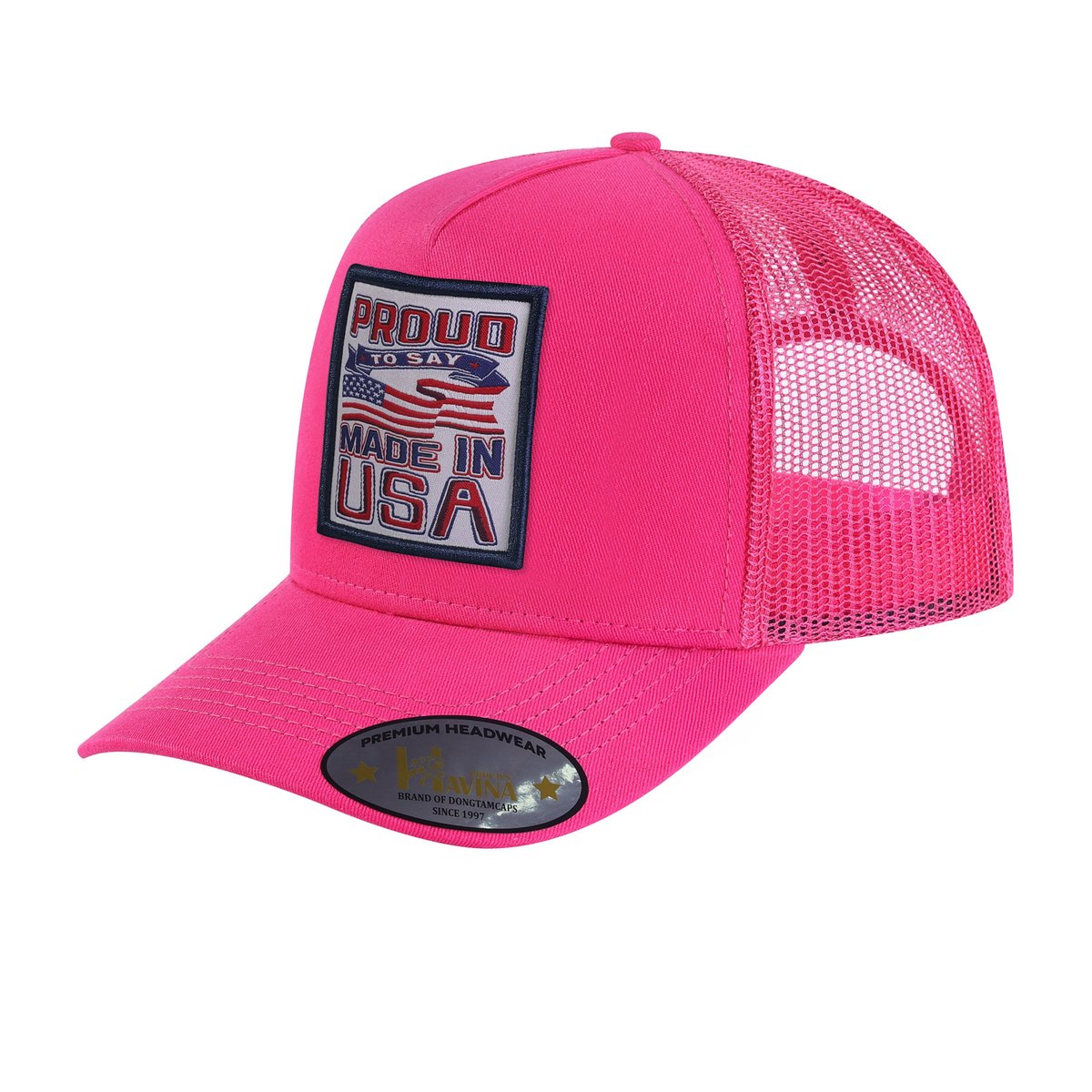 Proud to Say Made in US 5-Panel Trucker Hat with Pink front and Pink back