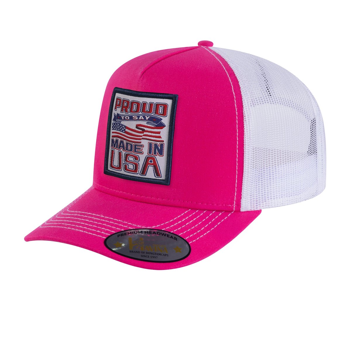 Proud to Say Made in US 5-Panel Trucker Hat with Pink front and White back