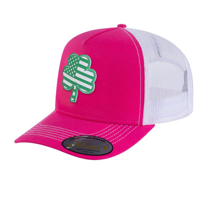 St. Patrick's Day Four Leaf Shamrock 5-Panel Trucker Hat with Pink front and White back