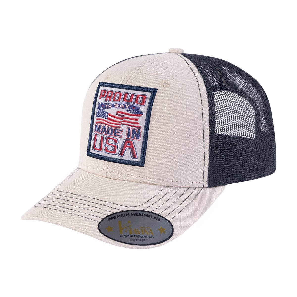 Proud to Say Made in US 6-Panel Trucker Hat with Beige front and Black back