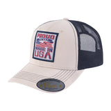 Proud to Say Made in USA 6-Panel Trucker Hat with Beige front and Black back