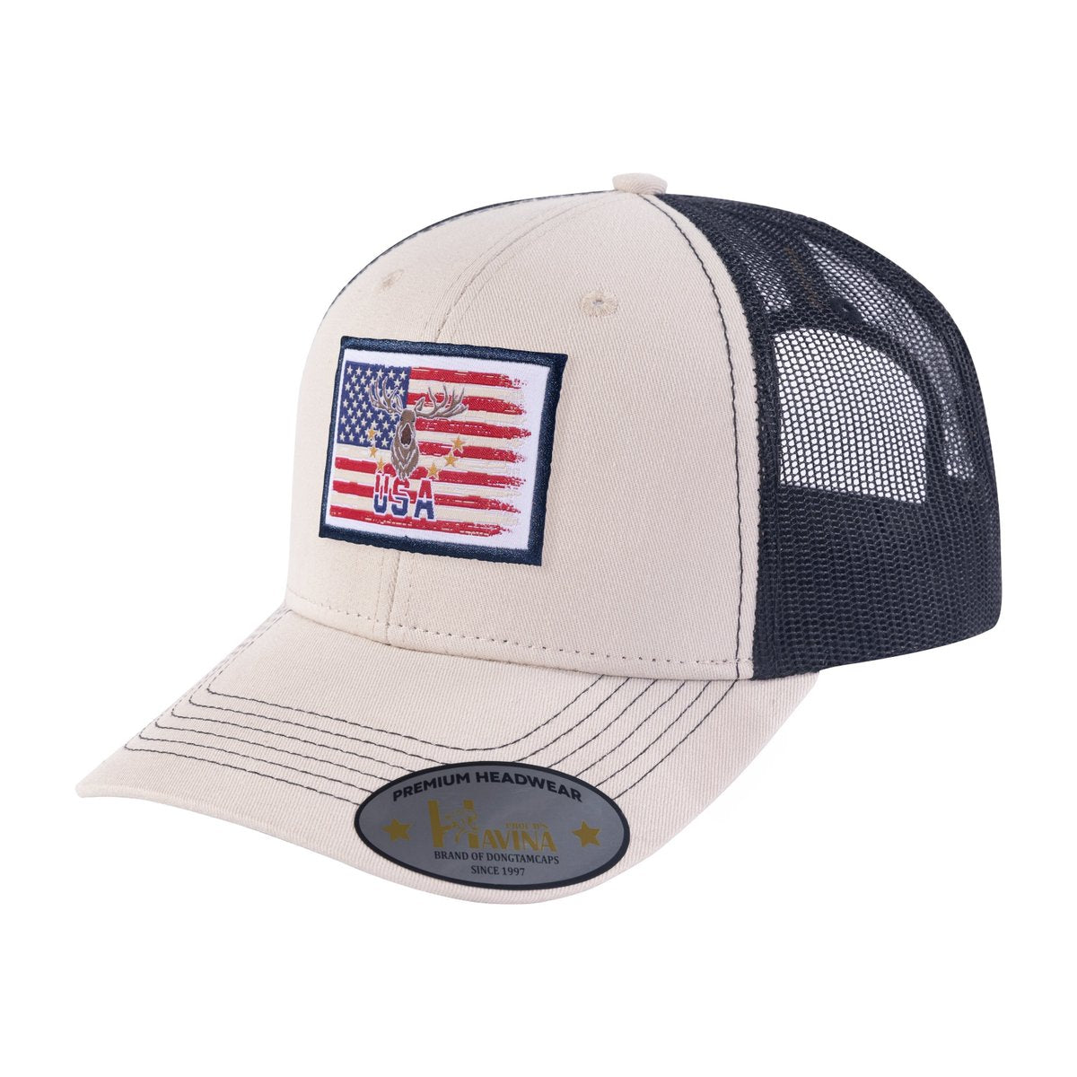US Deer Hunter 6-Panel Trucker Hat with Beige front and Black back