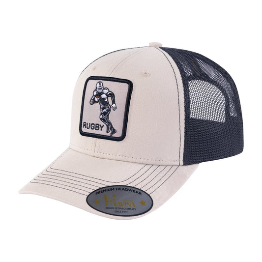 Rugby 6-Panel Trucker Hat with Beige front and Black back