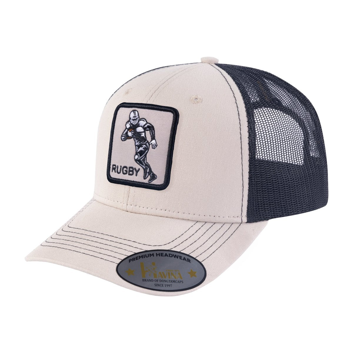 Rugby/Football 6-Panel Trucker Hat with Beige front and Black back