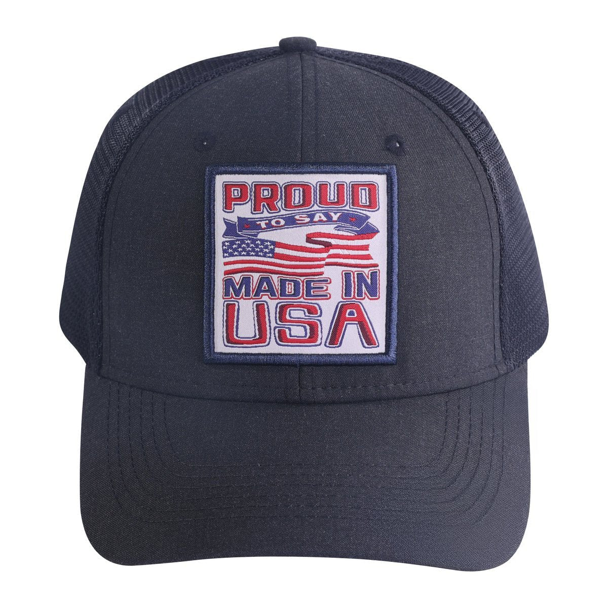 Proud to Say Made in US 6-Panel Trucker Hat with Black front and Black back