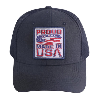 Proud to Say Made in US 6-Panel Trucker Hat with Black front and Black back
