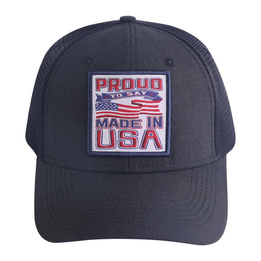 Proud to Say Made in US 6-Panel Trucker Hat with Black front and Black back