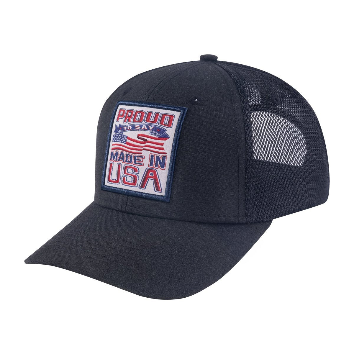 Proud to Say Made in US 6-Panel Trucker Hat with Black front and Black back