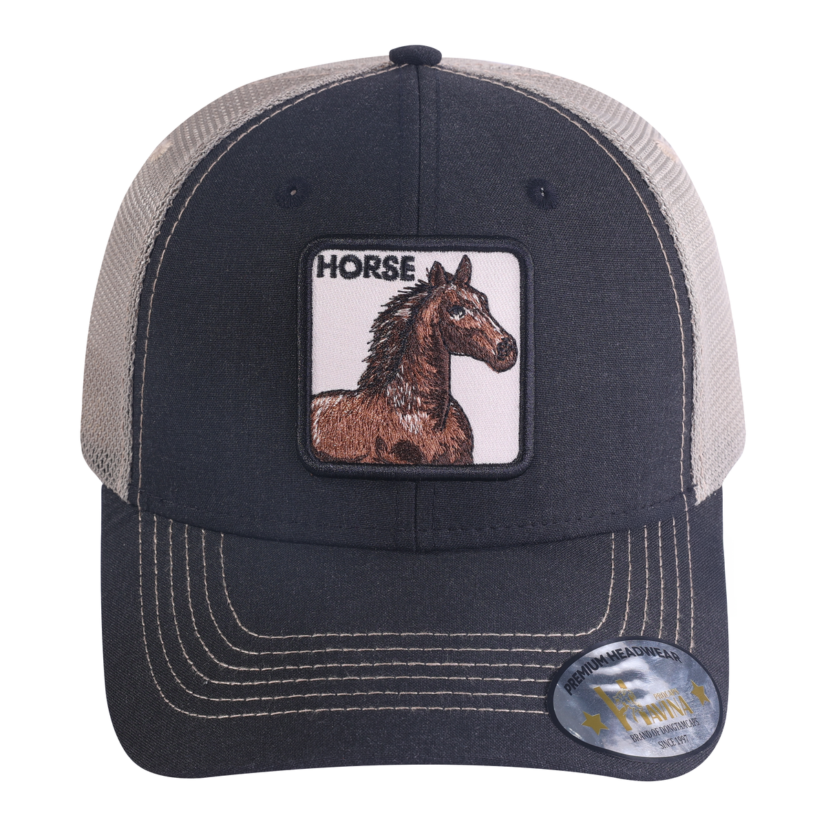 Horse 6-Panel Trucker Hat with Black front and Light Grey back